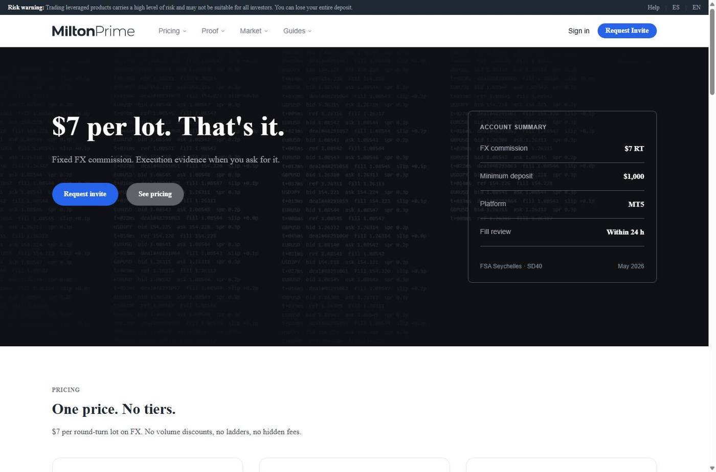 Screenshot of the Milton Prime website