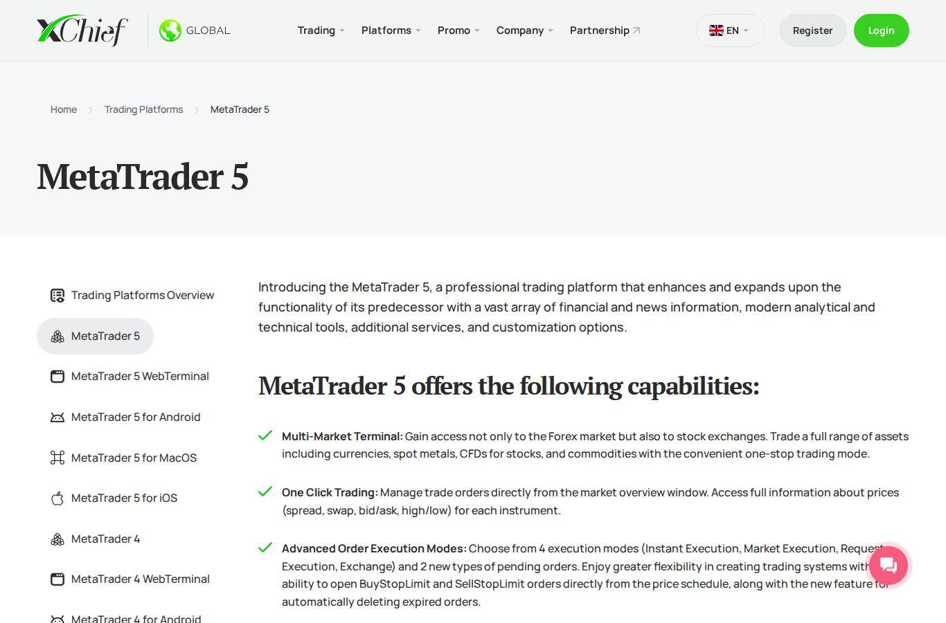 The platform page on the XChief website